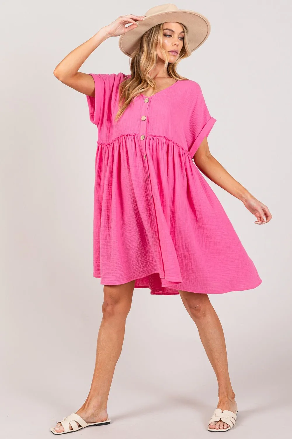 Button Up Short Sleeve Mini Dress in Pink