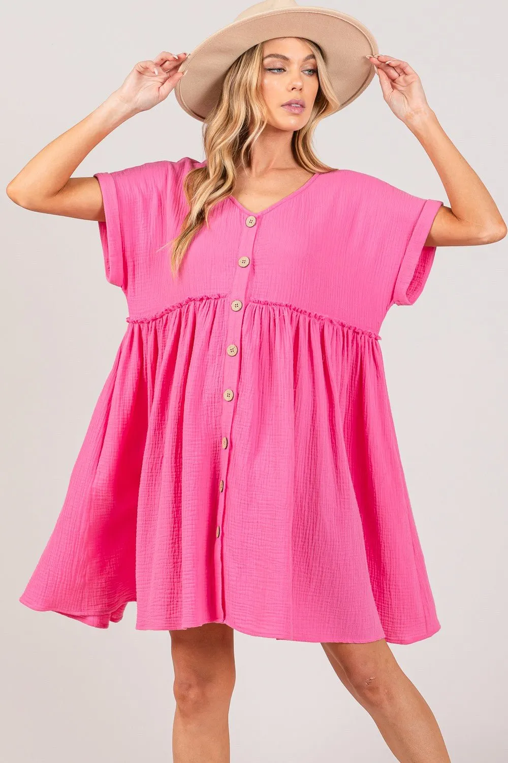 Button Up Short Sleeve Mini Dress in Pink