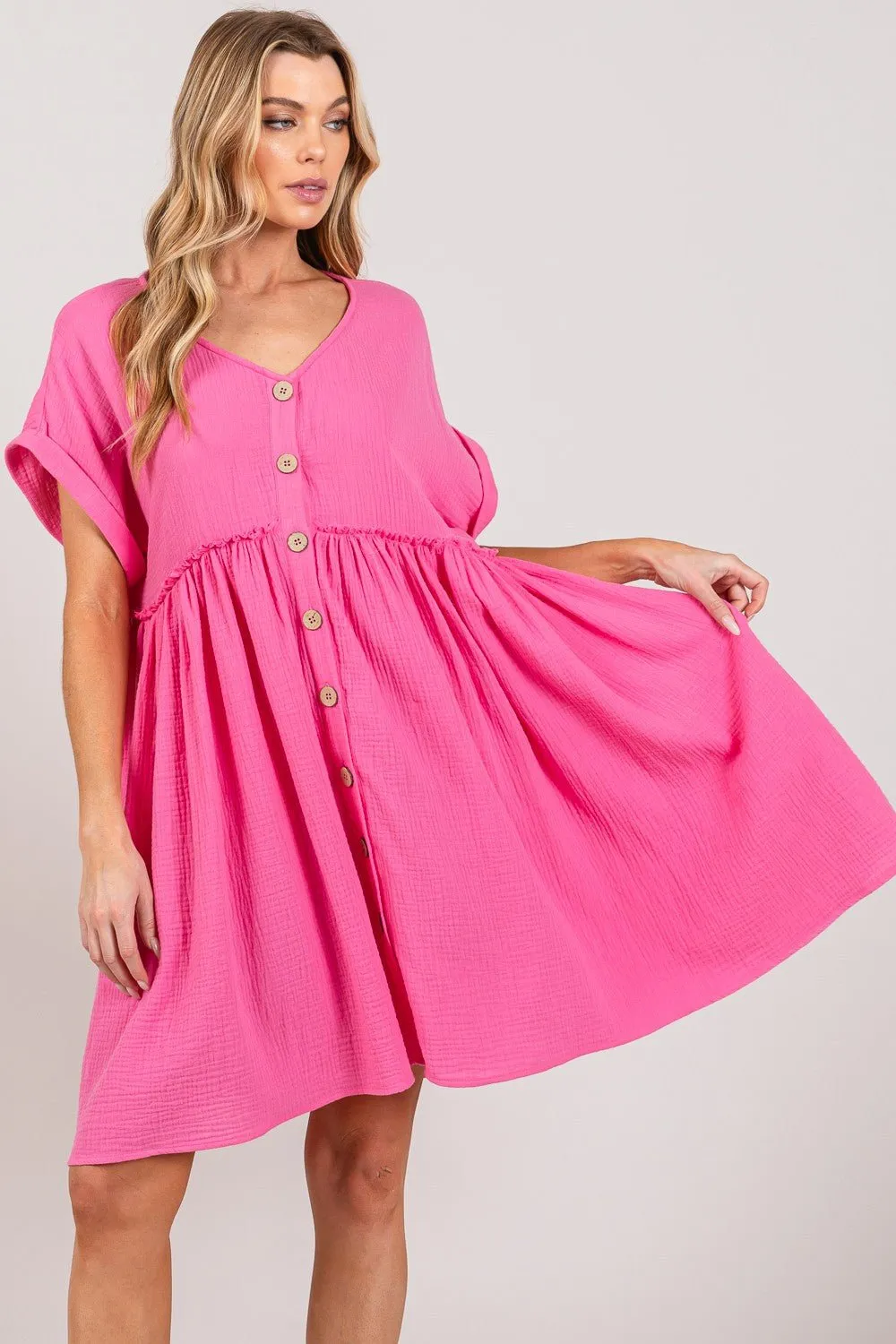 Button Up Short Sleeve Mini Dress in Pink