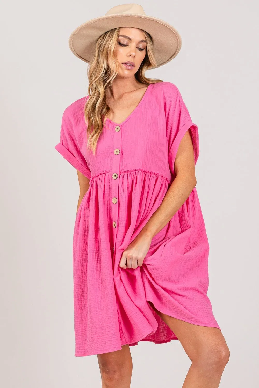 Button Up Short Sleeve Mini Dress in Pink