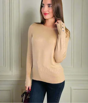 Camel Fine Knit Button Cuff Jumper