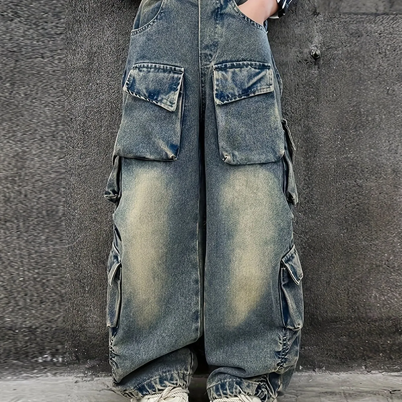 cargo™ Girls' Vintage-Inspired Wide-Leg Denim Cargo Pants with Multi-Pocket Detail - Loose Fit, All Seasons