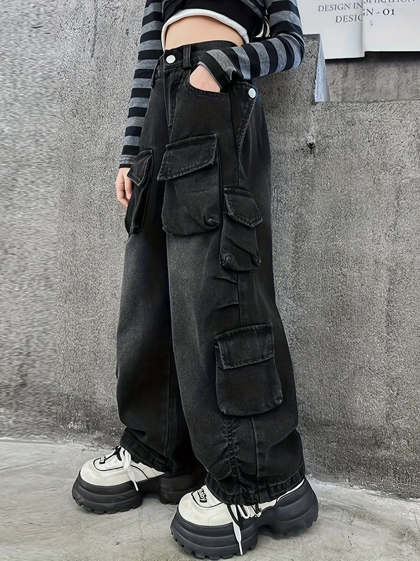 cargo™ Girls' Vintage-Inspired Wide-Leg Denim Cargo Pants with Multi-Pocket Detail - Loose Fit, All Seasons