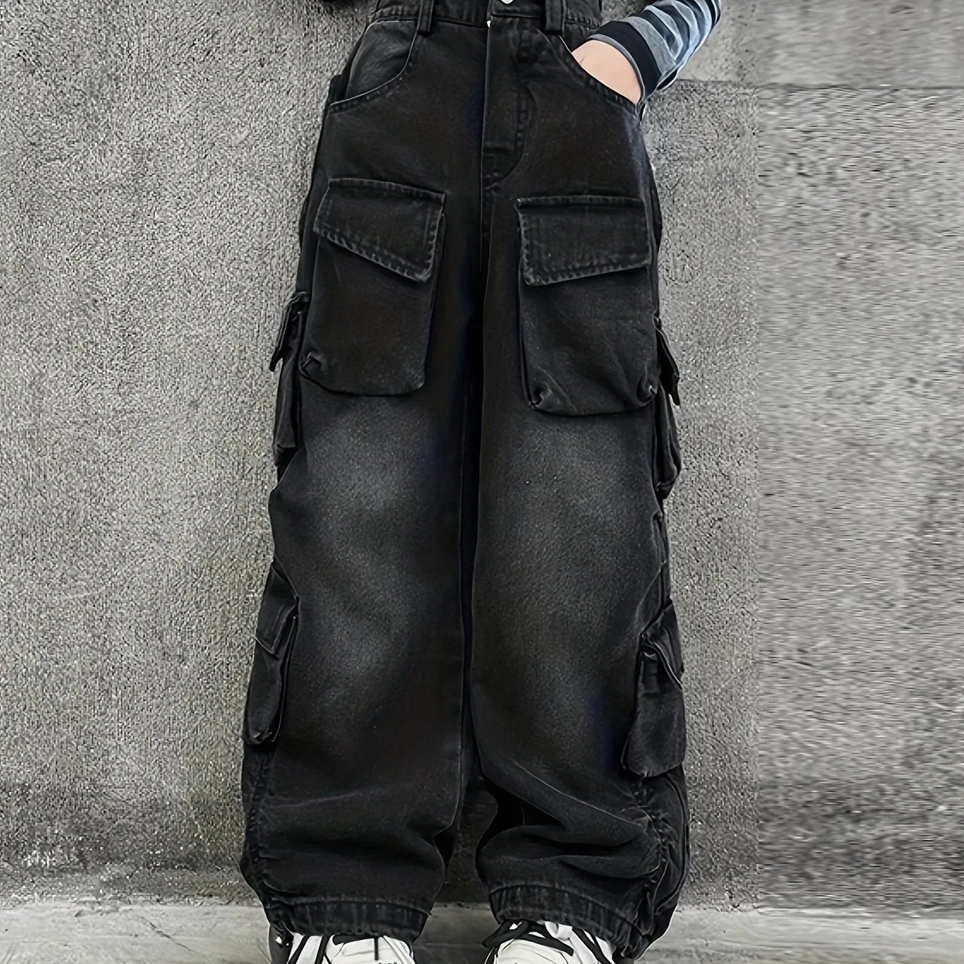 cargo™ Girls' Vintage-Inspired Wide-Leg Denim Cargo Pants with Multi-Pocket Detail - Loose Fit, All Seasons