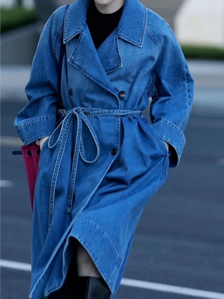 Casual Denim Windbreakers For Women Lapel Long Sleeves High Waist Patchwork Lace Up Temperament Trench Female