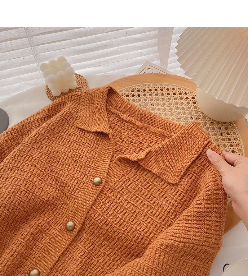 Casual Vintage Lapel long sleeve loose knit top  5872