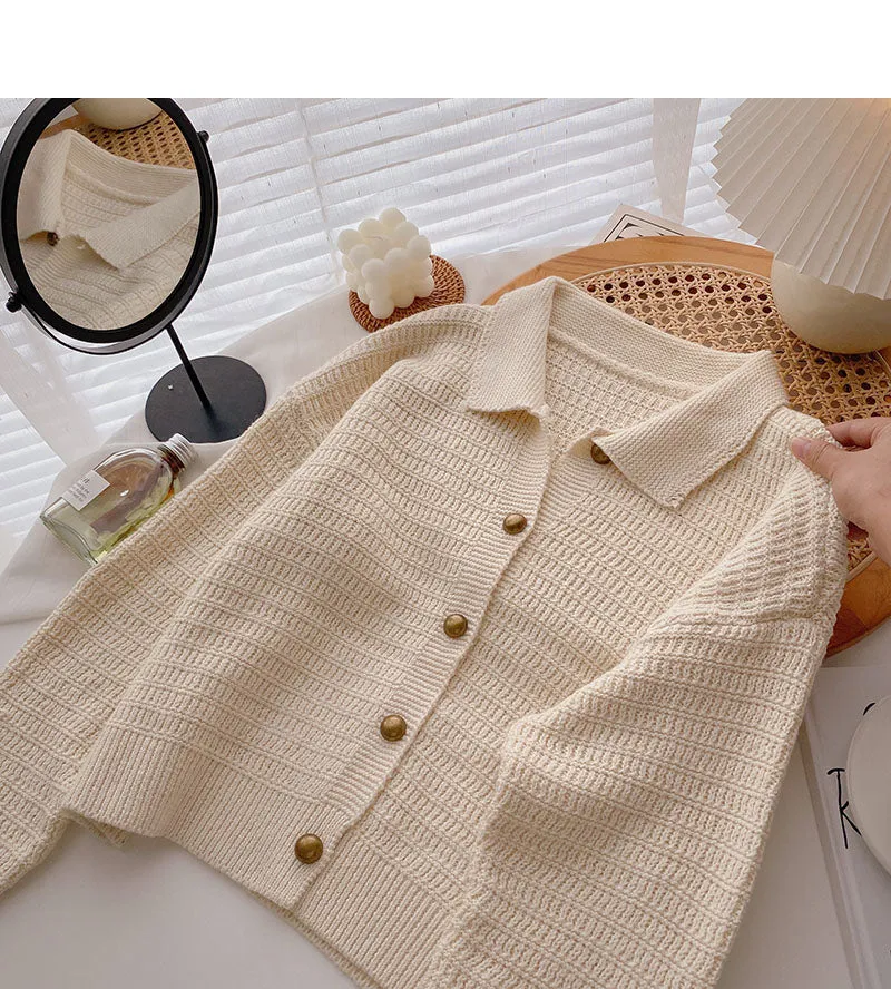 Casual Vintage Lapel long sleeve loose knit top  5872