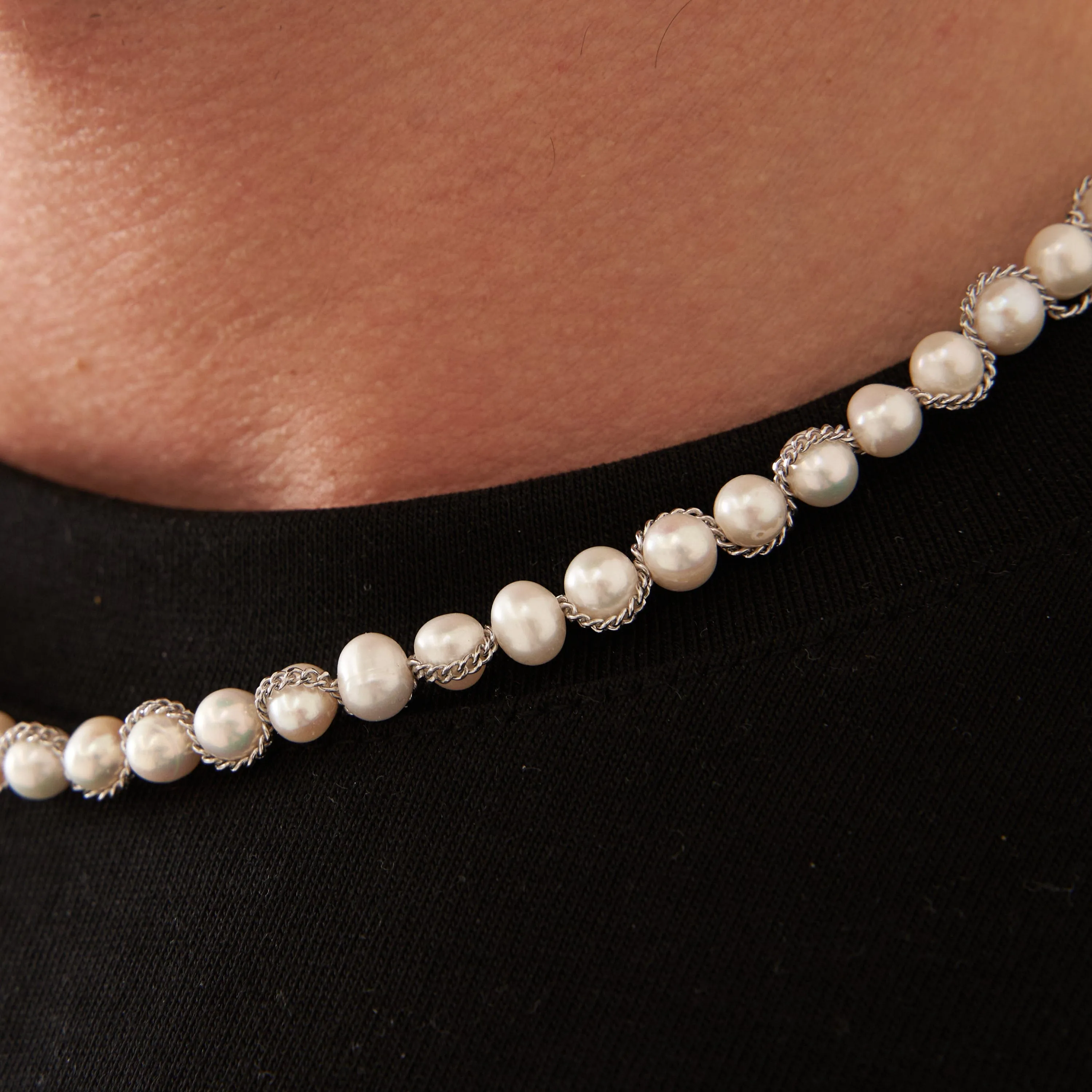 Chain Wrap Real Pearl Necklace (Silver)