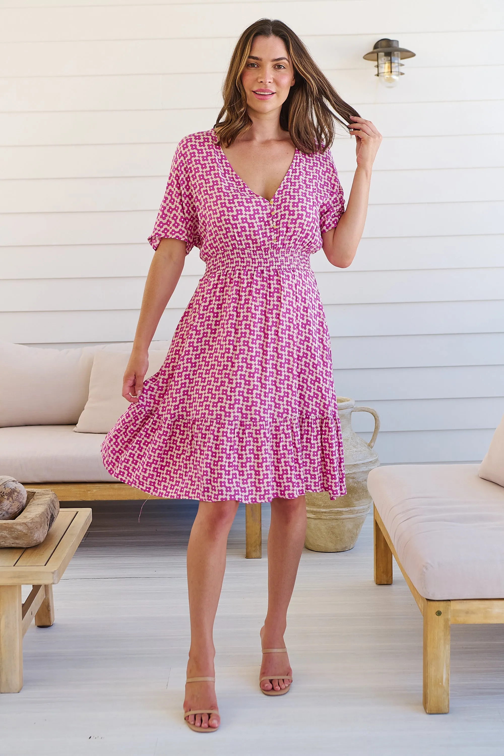 Chiara Cap Sleeve Pink Retro Print Button Front Dress