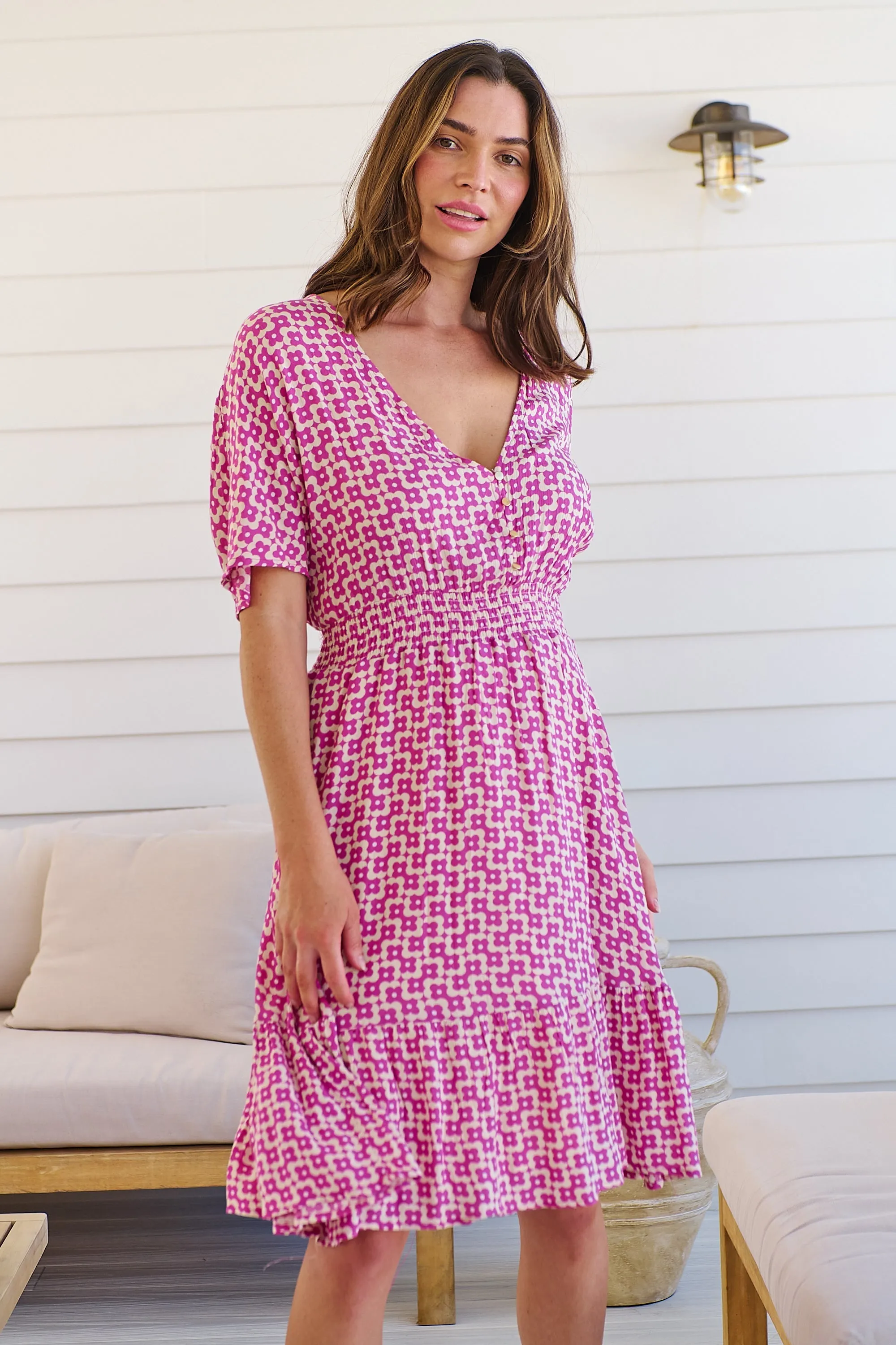 Chiara Cap Sleeve Pink Retro Print Button Front Dress