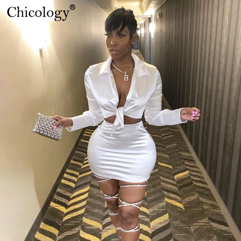 Chicology Women Silky Satin 2 Two Piece Set Lace Up Long Sleeve Crop Top Skirt 2022 Autumn Winter Clothes Fashion Sexy Outfits