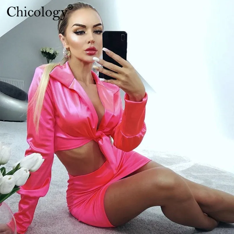 Chicology Women Silky Satin 2 Two Piece Set Lace Up Long Sleeve Crop Top Skirt 2022 Autumn Winter Clothes Fashion Sexy Outfits