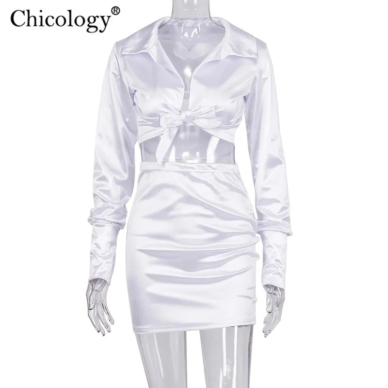 Chicology Women Silky Satin 2 Two Piece Set Lace Up Long Sleeve Crop Top Skirt 2022 Autumn Winter Clothes Fashion Sexy Outfits