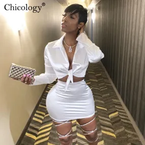 Chicology Women Silky Satin 2 Two Piece Set Lace Up Long Sleeve Crop Top Skirt 2022 Autumn Winter Clothes Fashion Sexy Outfits