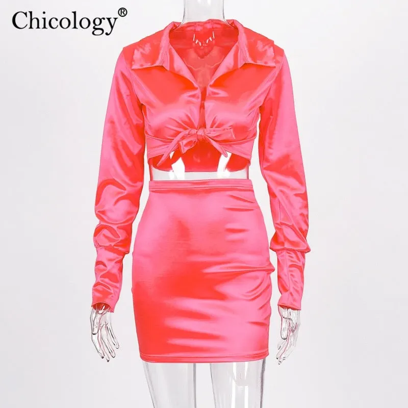 Chicology Women Silky Satin 2 Two Piece Set Lace Up Long Sleeve Crop Top Skirt 2022 Autumn Winter Clothes Fashion Sexy Outfits