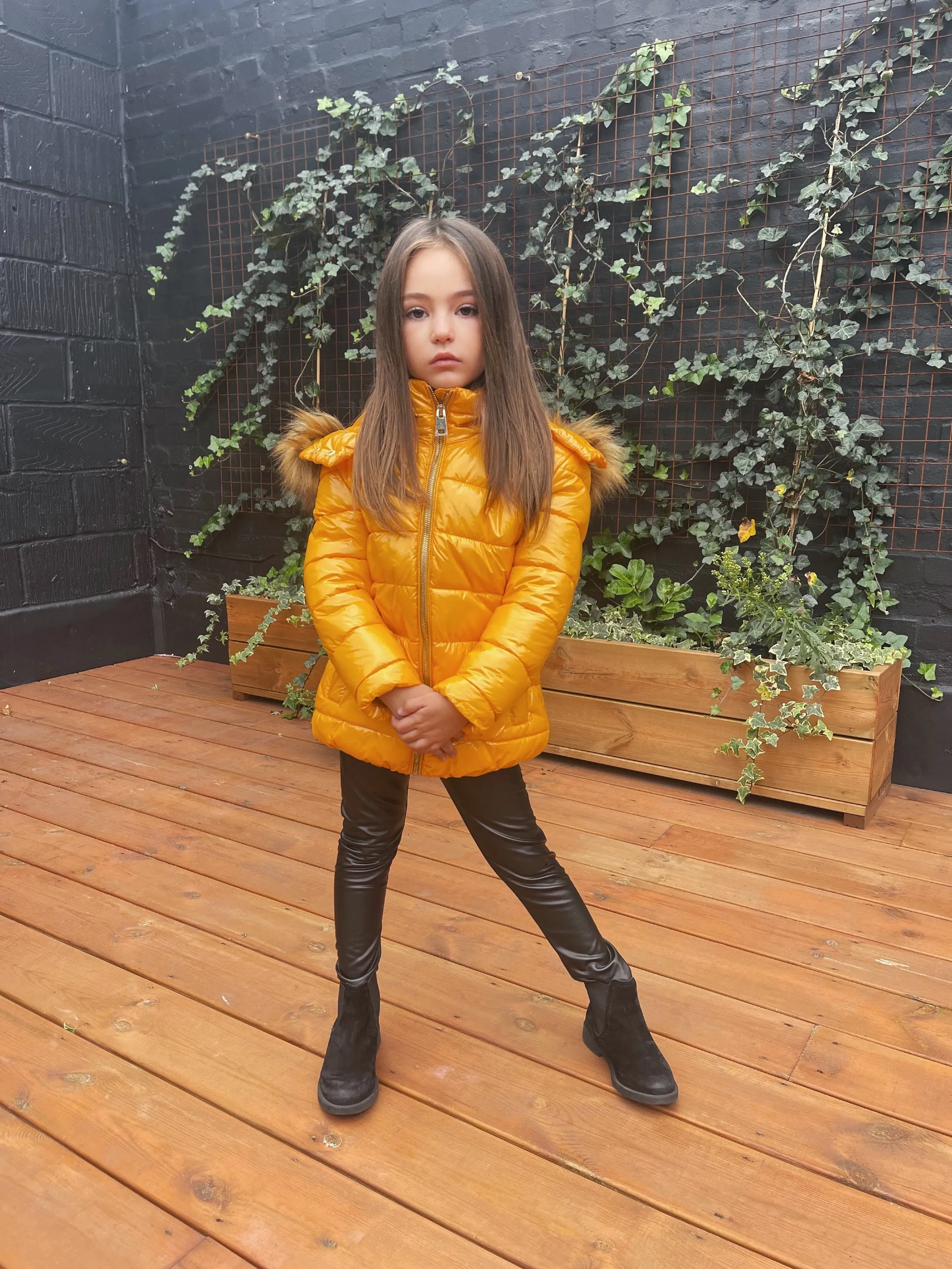 Chloe Metallic Kids Coat with Hood - Mustard