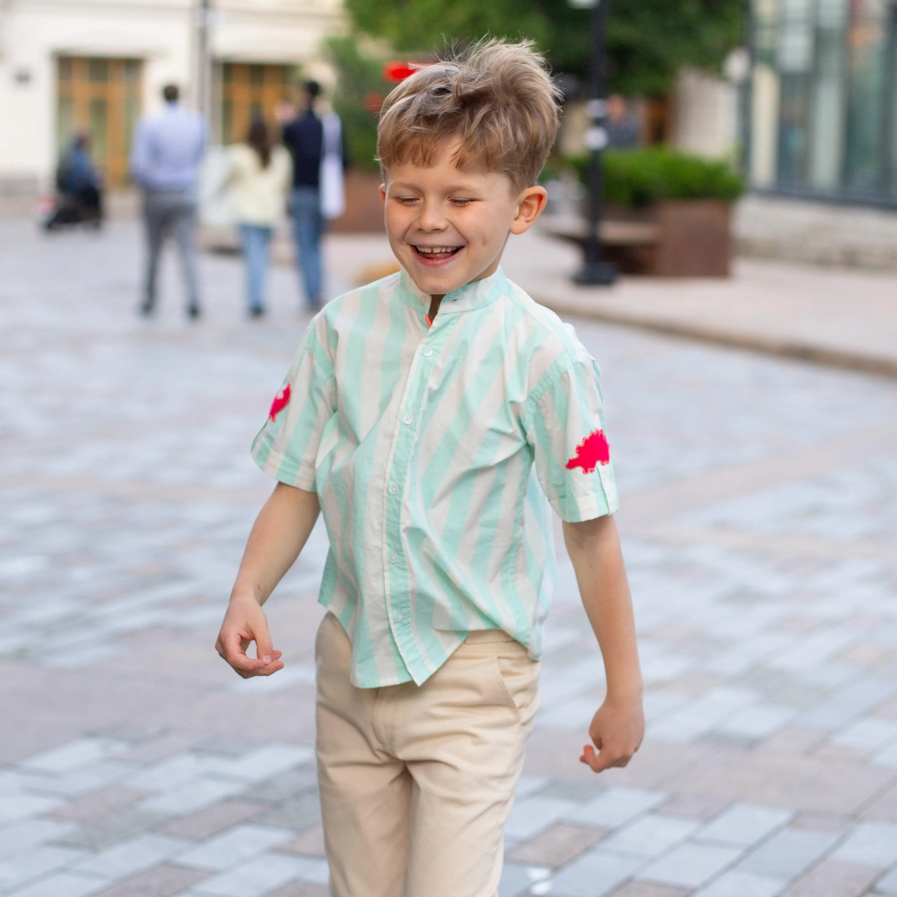 Classique- Mint Green Striped Shirt with Mandarin Collar for Boys