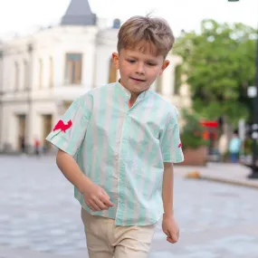 Classique- Mint Green Striped Shirt with Mandarin Collar for Boys