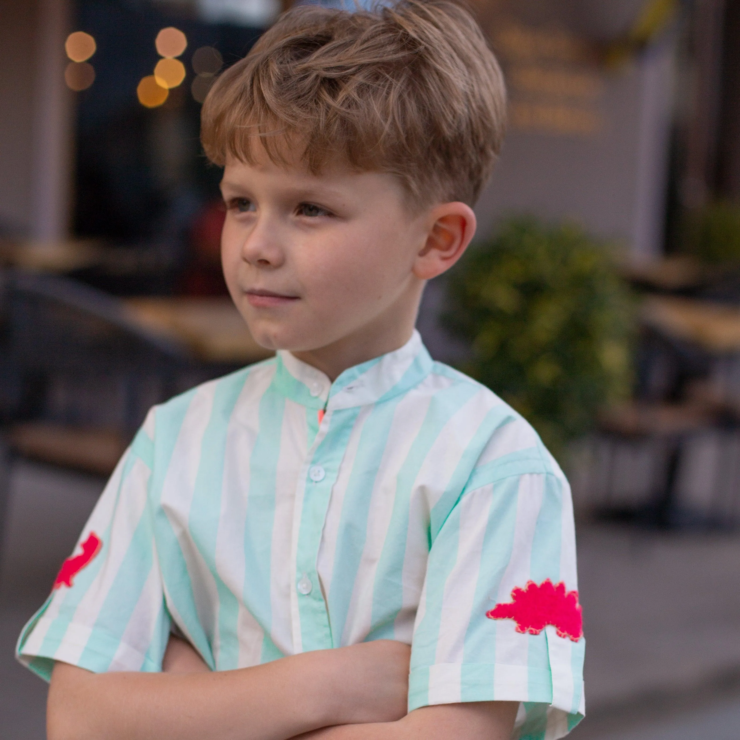 Classique- Mint Green Striped Shirt with Mandarin Collar for Boys