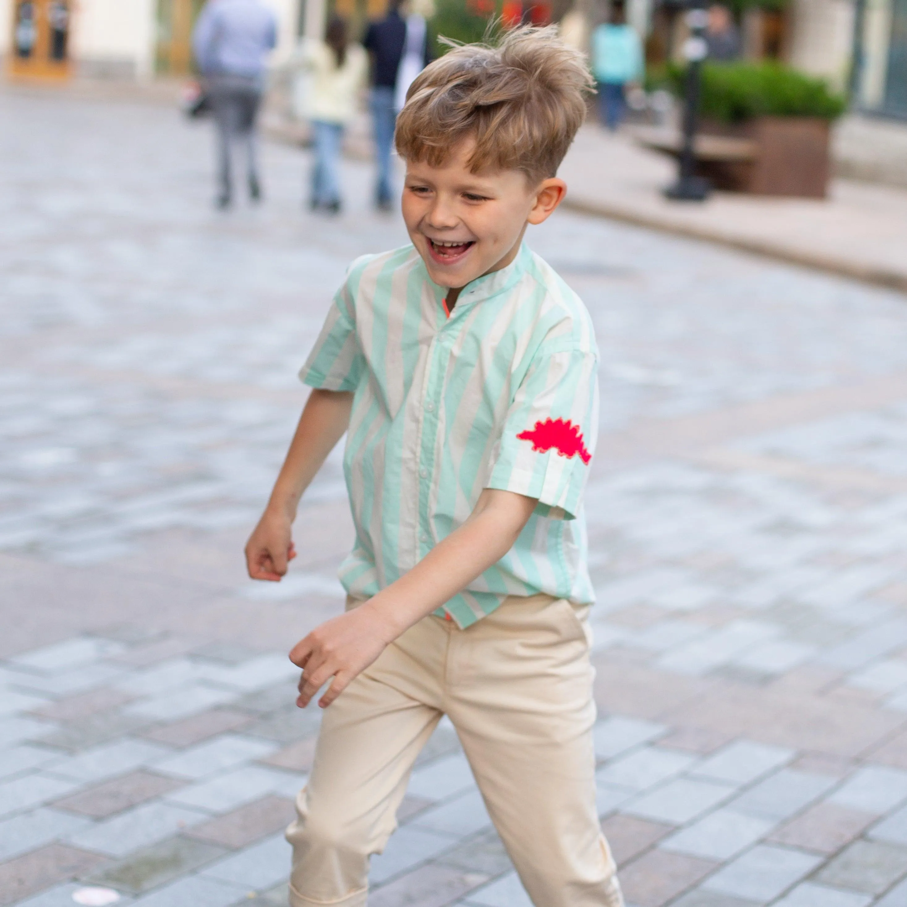 Classique- Mint Green Striped Shirt with Mandarin Collar for Boys