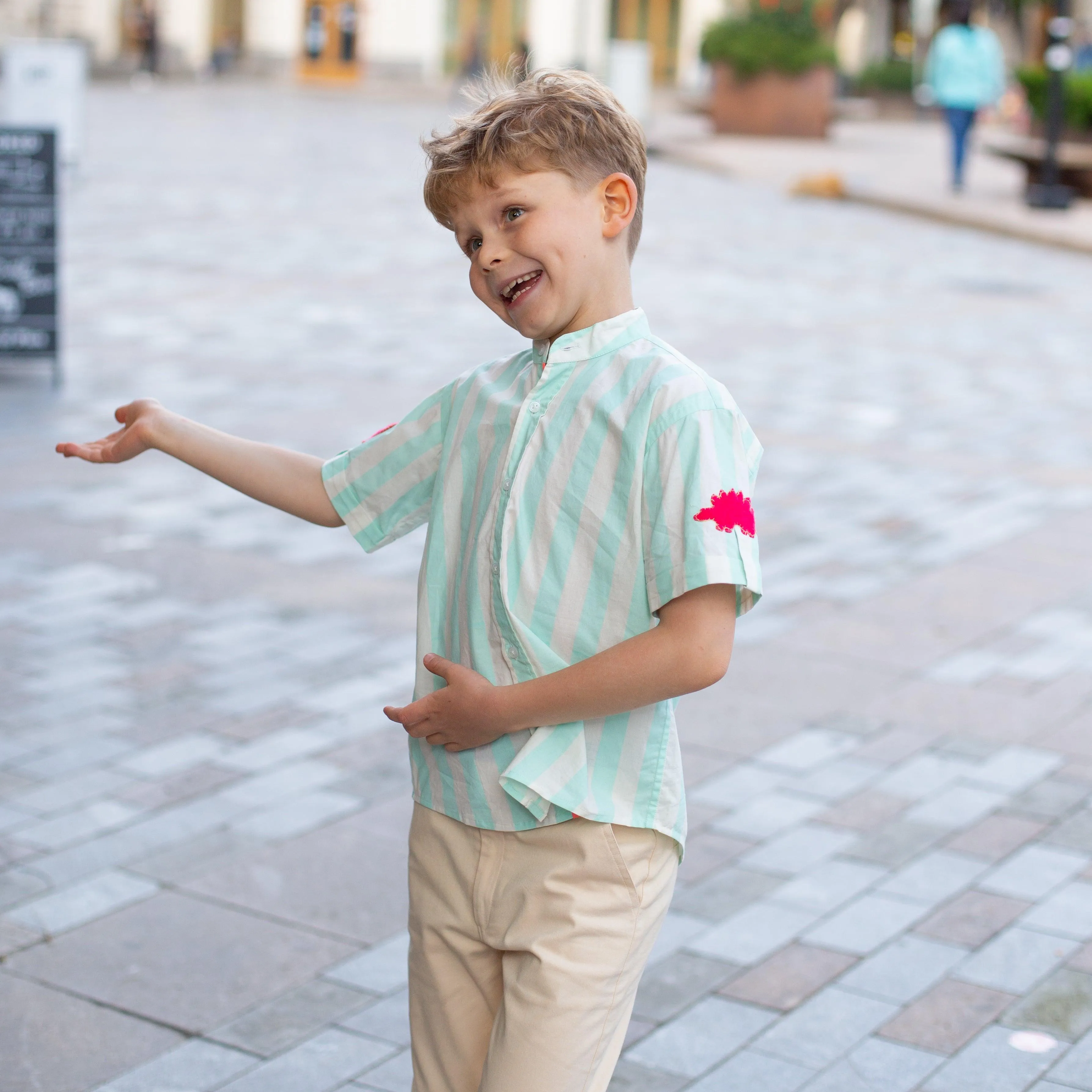 Classique- Mint Green Striped Shirt with Mandarin Collar for Boys