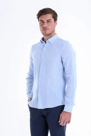 Comfort Fit Long Sleeve Plain Linen Casual Shirt, Light. Blue