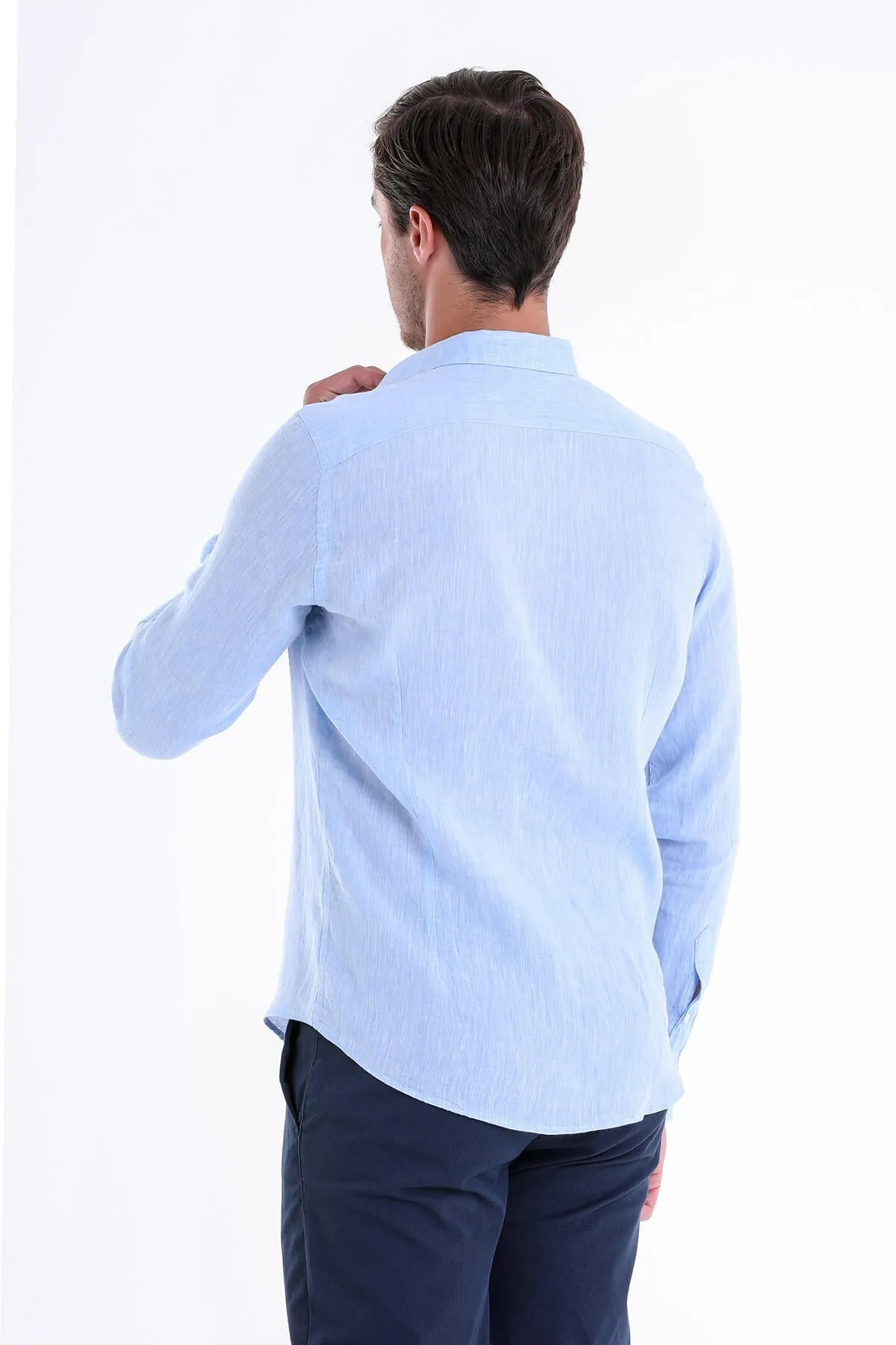 Comfort Fit Long Sleeve Plain Linen Casual Shirt, Light. Blue