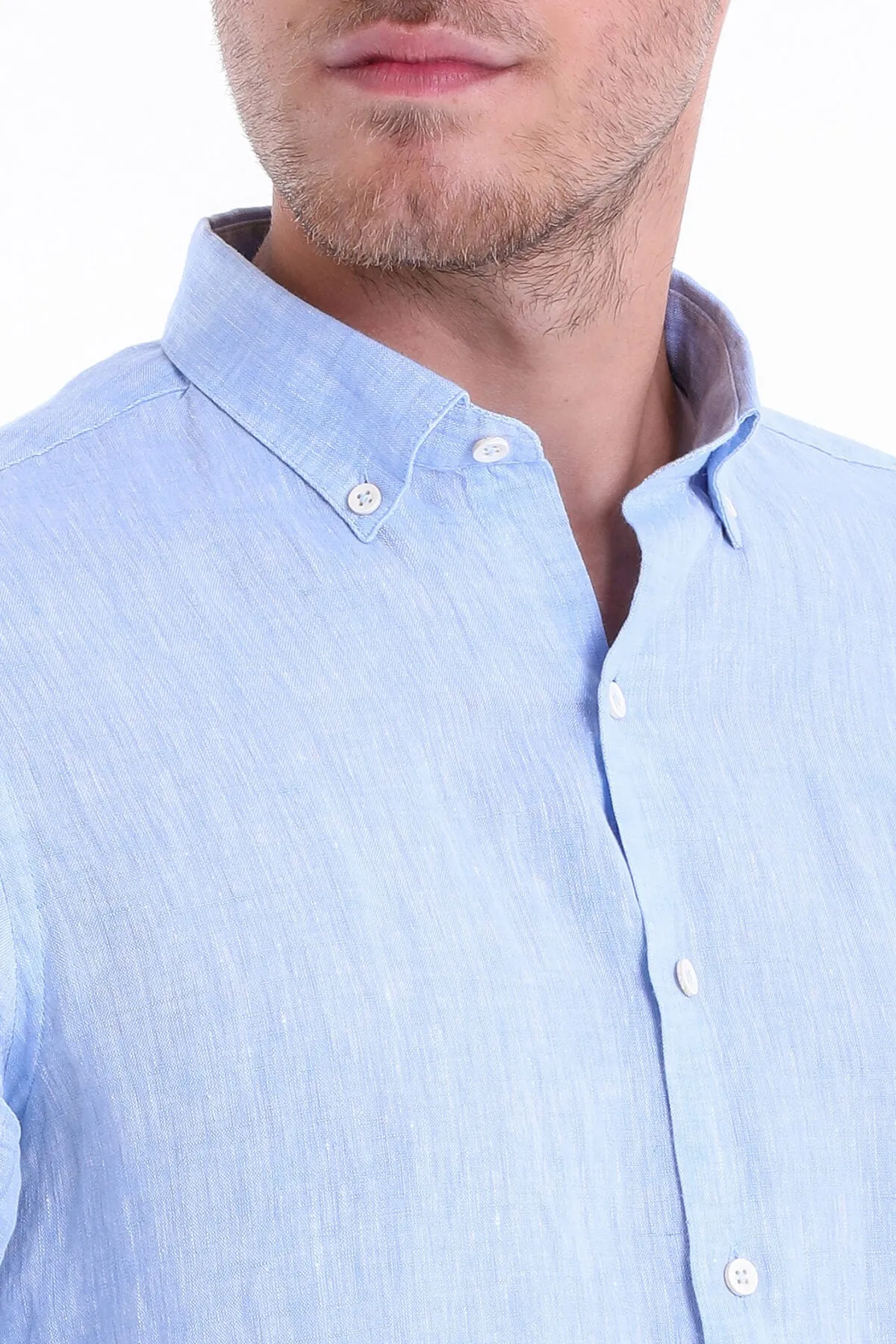 Comfort Fit Long Sleeve Plain Linen Casual Shirt, Light. Blue