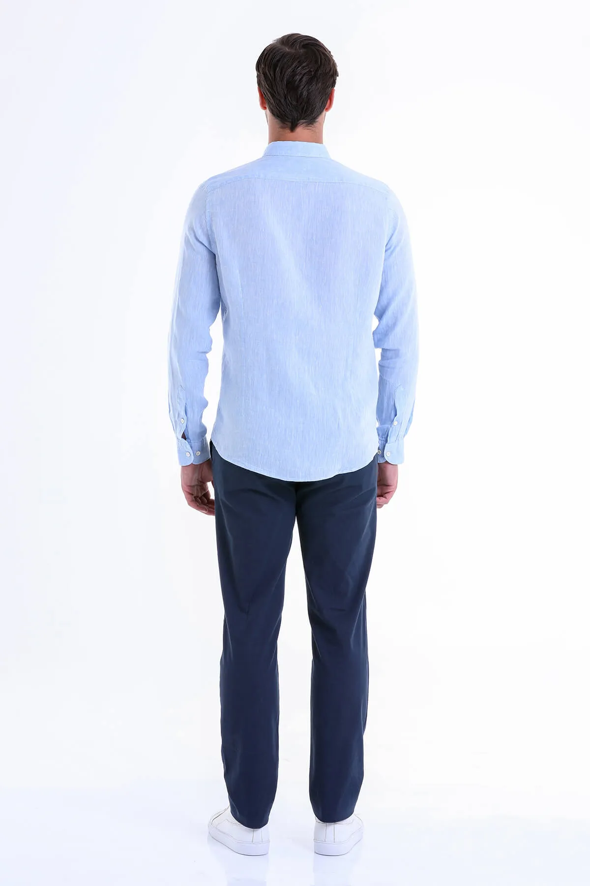 Comfort Fit Long Sleeve Plain Linen Casual Shirt, Light. Blue