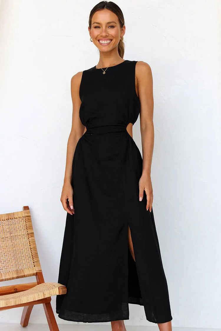 Cool Crew Neck Ruched Cutout Waist Split Midi Summer Sundress - Black