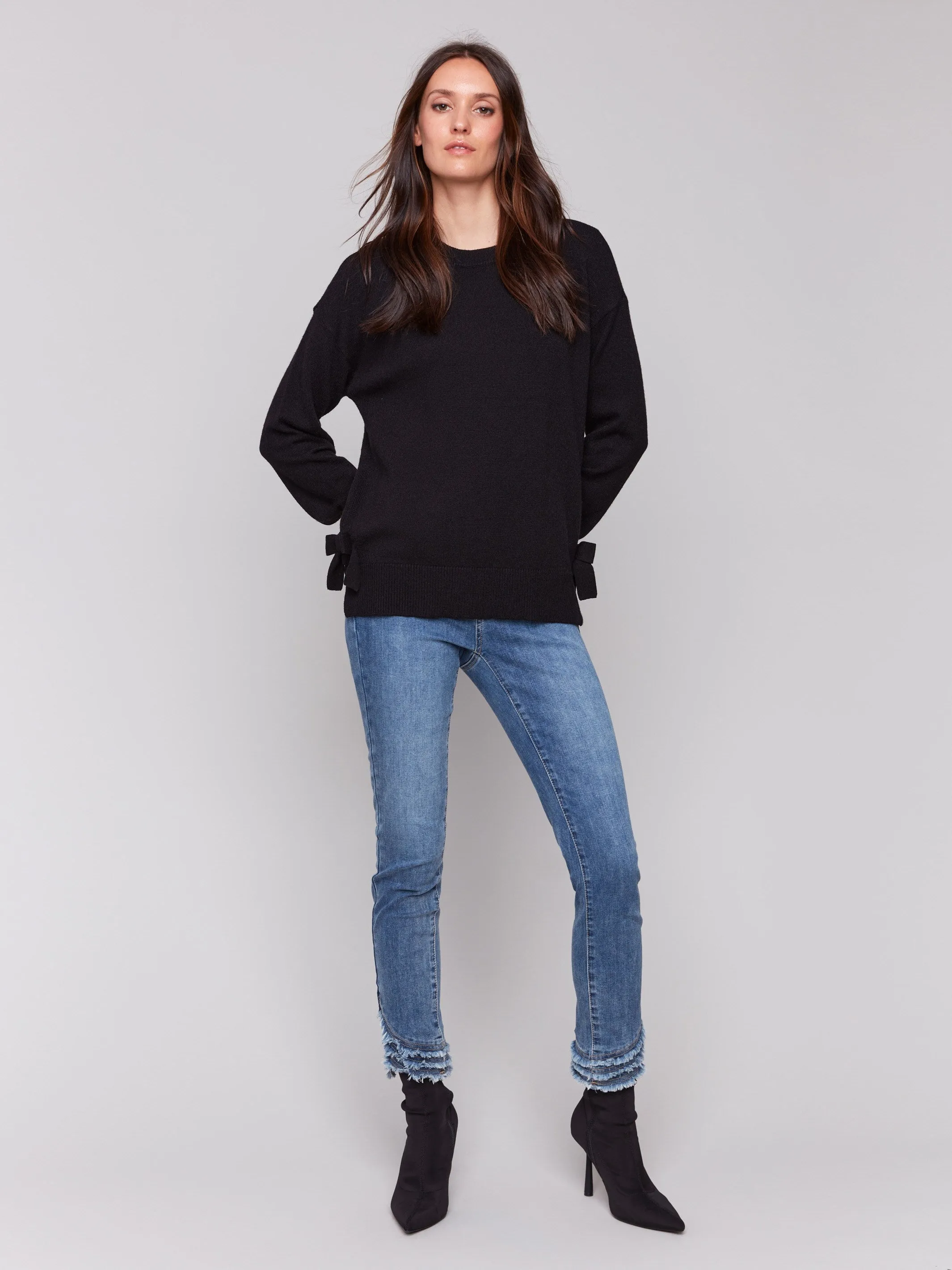 Crew Neck Sweater with Side Bows - Black