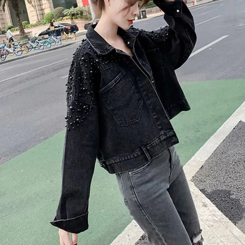 Cropped Denim Jacket With Decorative Pearls