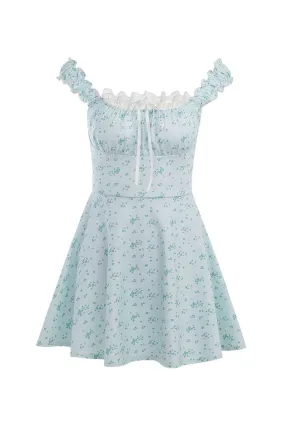 Cute Bow Trim Ruffled Lace Suspender Strap Floral Printed Mini Sundress