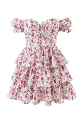 Cute Rose Printed Lace Up Front Puff Sleeve Layered Ruffle Party Mini Dress