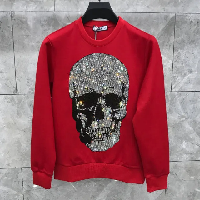 Diamond Studded Skeleton Head Long Sleeve Top