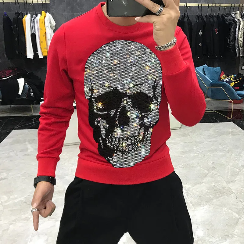 Diamond Studded Skeleton Head Long Sleeve Top