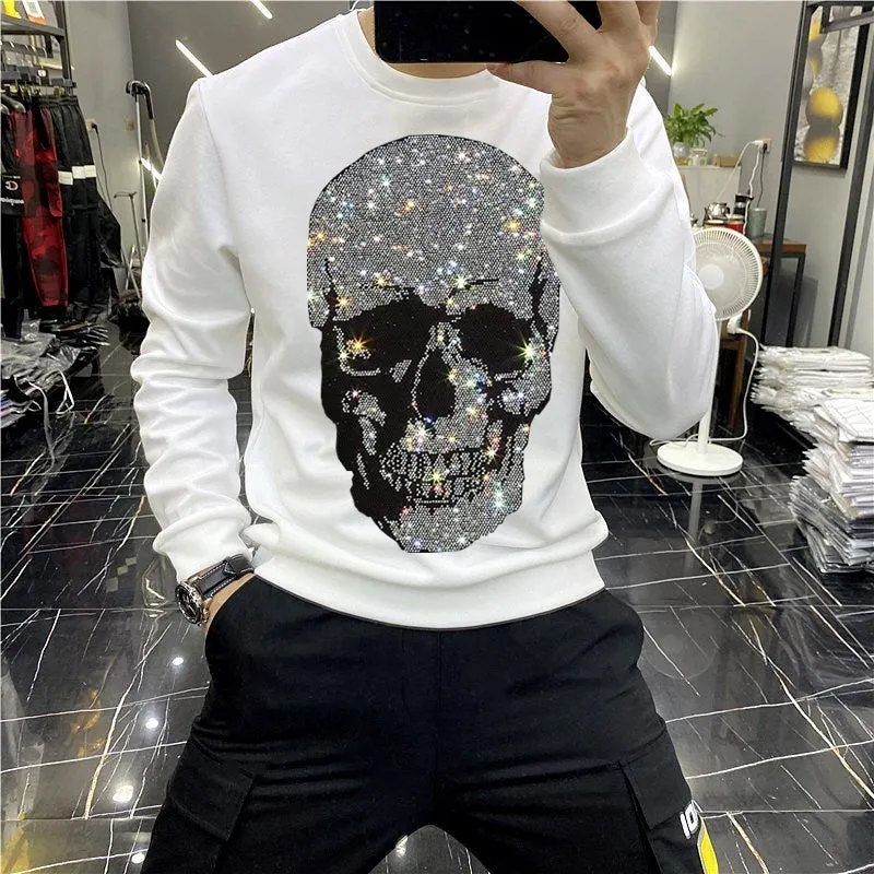 Diamond Studded Skeleton Head Long Sleeve Top