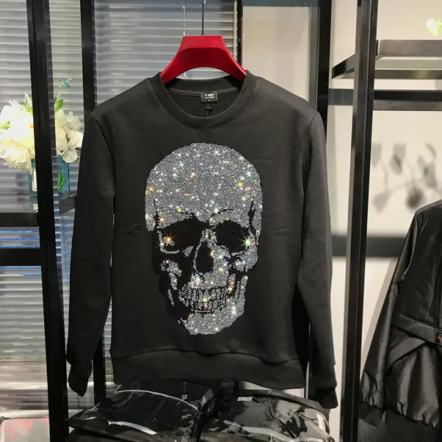 Diamond Studded Skeleton Head Long Sleeve Top