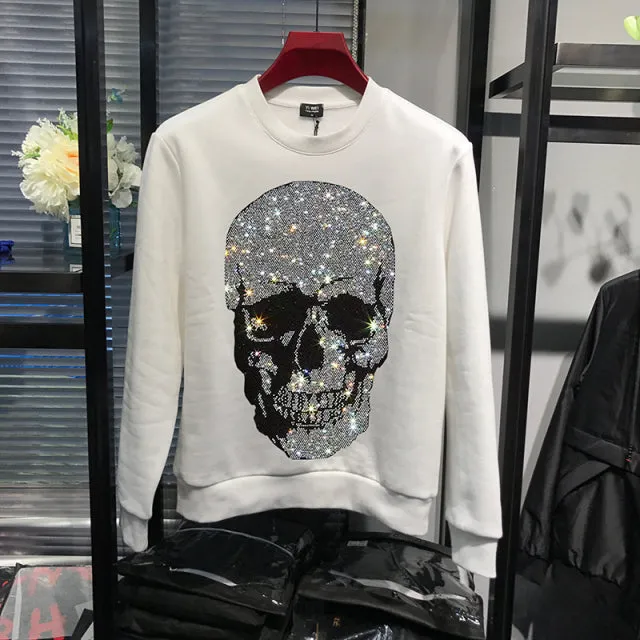 Diamond Studded Skeleton Head Long Sleeve Top