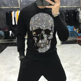 Diamond Studded Skeleton Head Long Sleeve Top