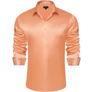 DiBanGu Collar Shirt Light Salmon Orange Satin Splicing Solid Button Down Mens Shirt