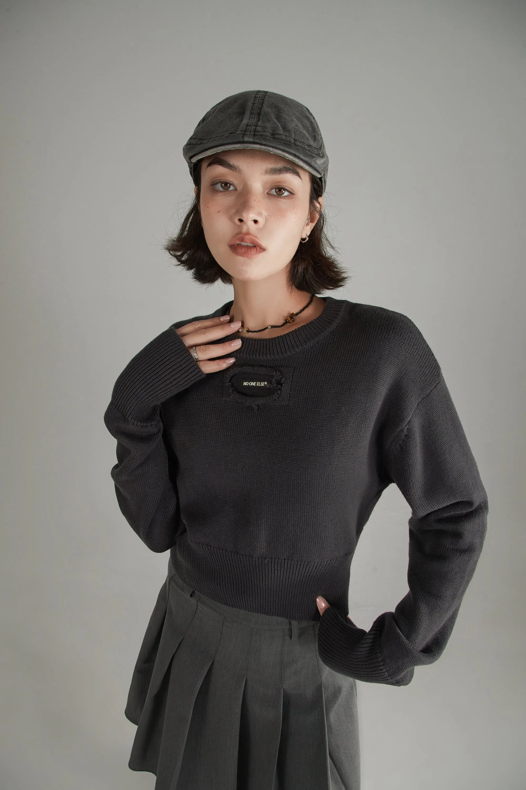 Distressed Logo Solid Crop Knit Sweater