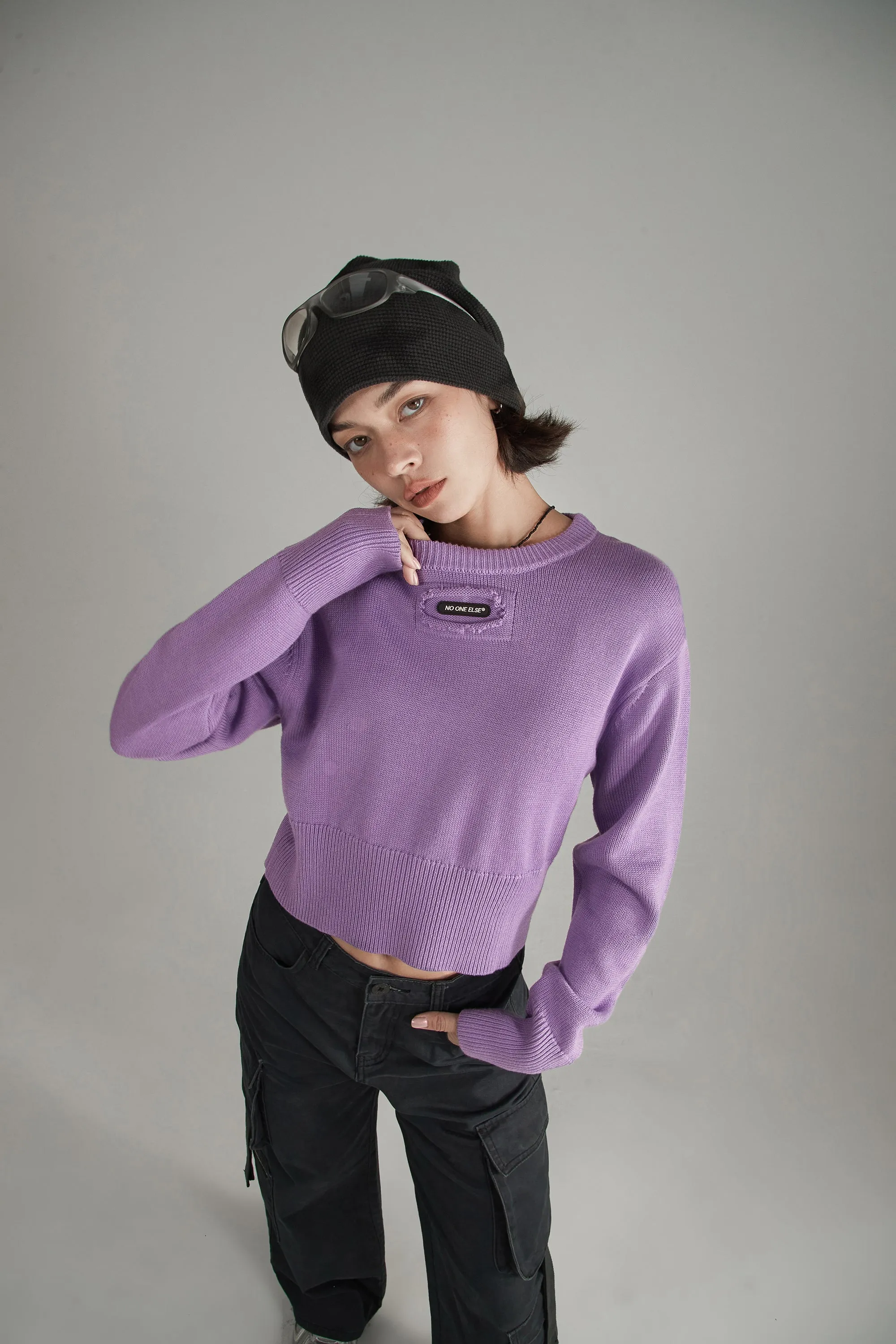 Distressed Logo Solid Crop Knit Sweater