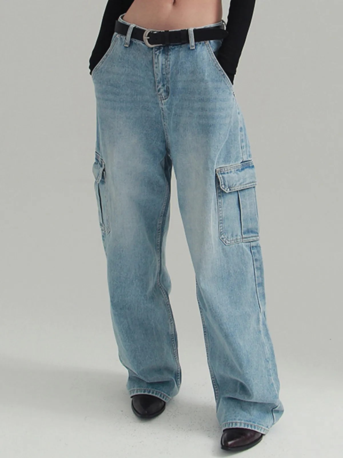 Distressed Side Panel Straight Cargo Jeans