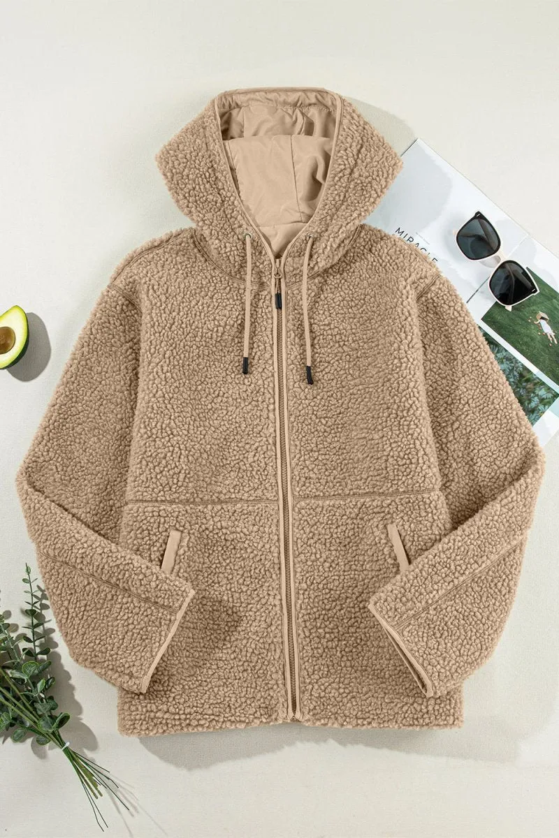 Drawstring Fleece Zip Up Hooded Jacket