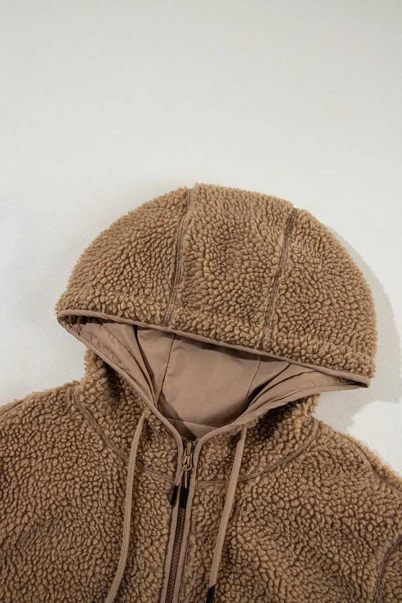 Drawstring Fleece Zip Up Hooded Jacket