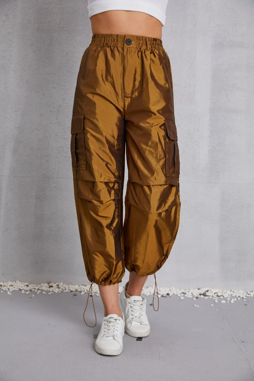 Drawstring High Waist Pants with Cargo Pockets