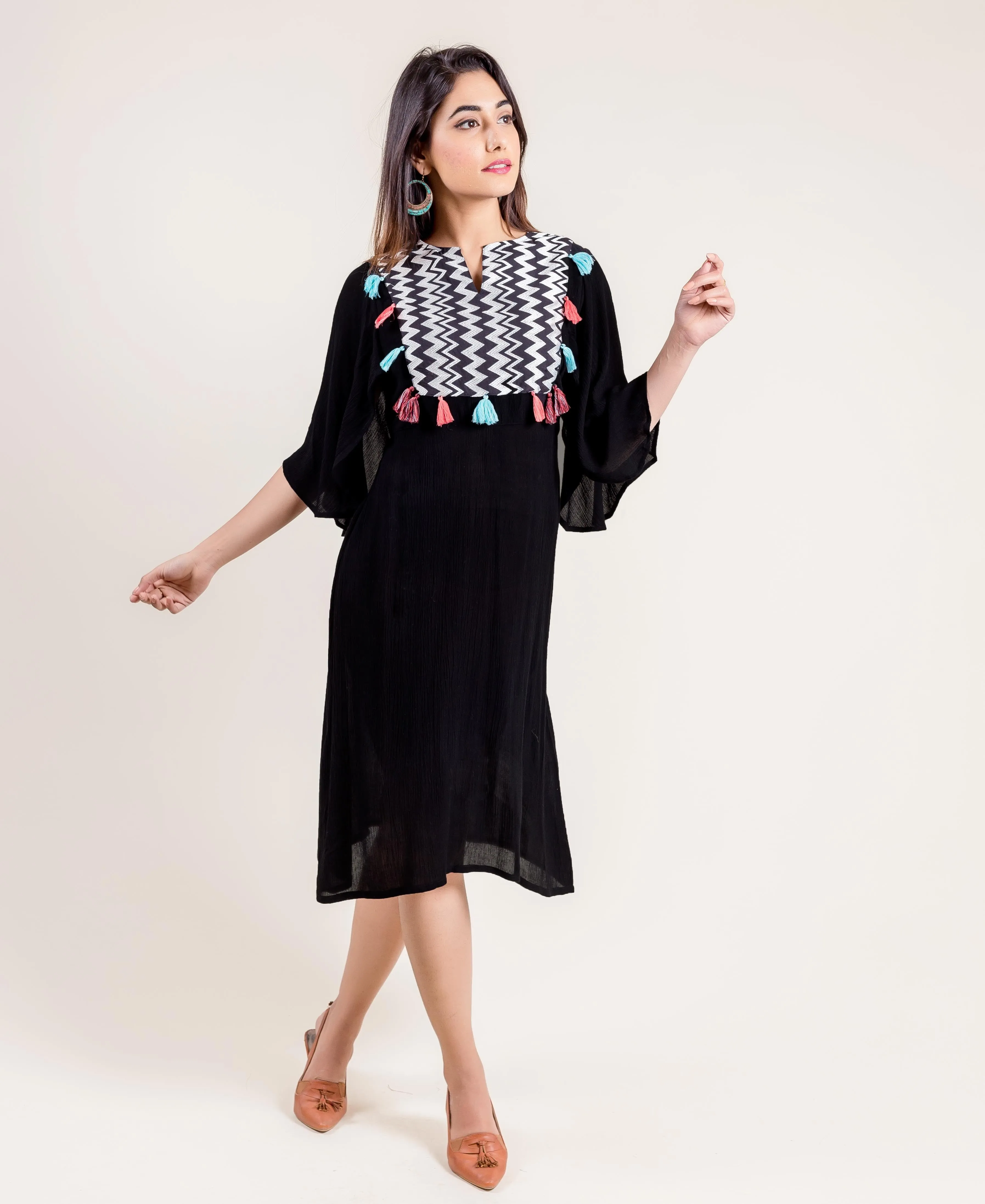 Embroidered And Tasseled Indo Western Style Rayon Gauze Black Dress