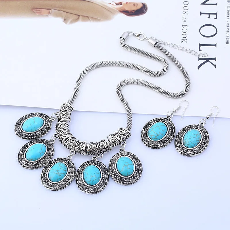 Fashion Jewelry Retro Alloy National Wind Turquoise Necklace Earrings Set