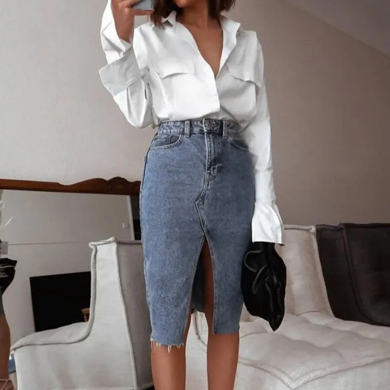 Fashionkova Denim Skirt Midi Women Slim Casual High Waist Sexy Split Knee-length Pencil Skirt Denim Korean Elegant Office Lady